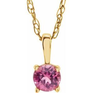 14K Yellow 3 mm Round Pink Tourmaline Youth Birthstone 14" Necklace - 28393:70022:P
