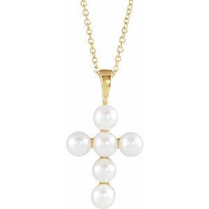 14K Yellow Freshwater Cultured Pearl Cross 16-18" Necklace   - R42366:606:P