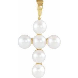 14K Yellow Freshwater Cultured Pearl Cross Pendant     - R42366:601:P