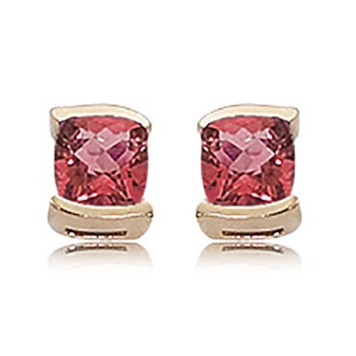 14K Yellow Gold 7mm Cushion Checkerboard Pink Tourm Earrings