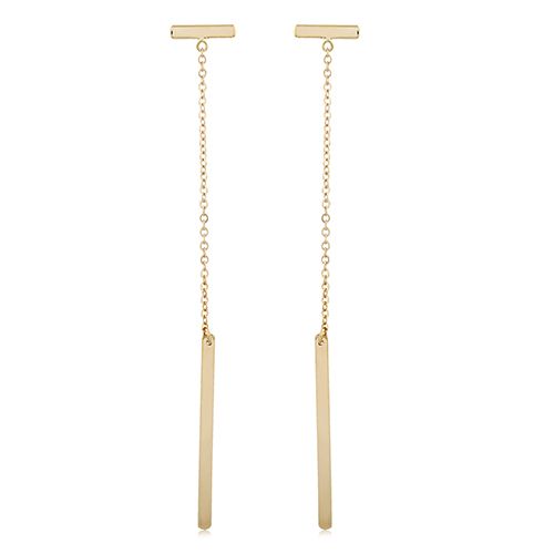 14K Yellow Gold Flat Bar Long Drop Earrings - 14337