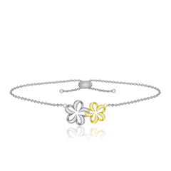 14K Yellow Gold Floating Plumeria Silver Tropical Flowers Bracelet