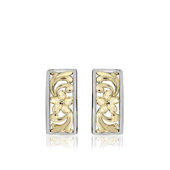 14K Yellow Gold / Silver Two Tone Plumeria Scroll Earrings
