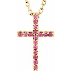 14K Yellow Pink Tourmaline Petite Cross 16" Necklace  - R42147:116:P