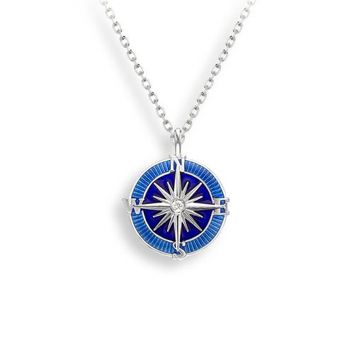 15 mm Blue Compass Rose Necklace Sterling Silver-White Sapphires - NN0418YB
