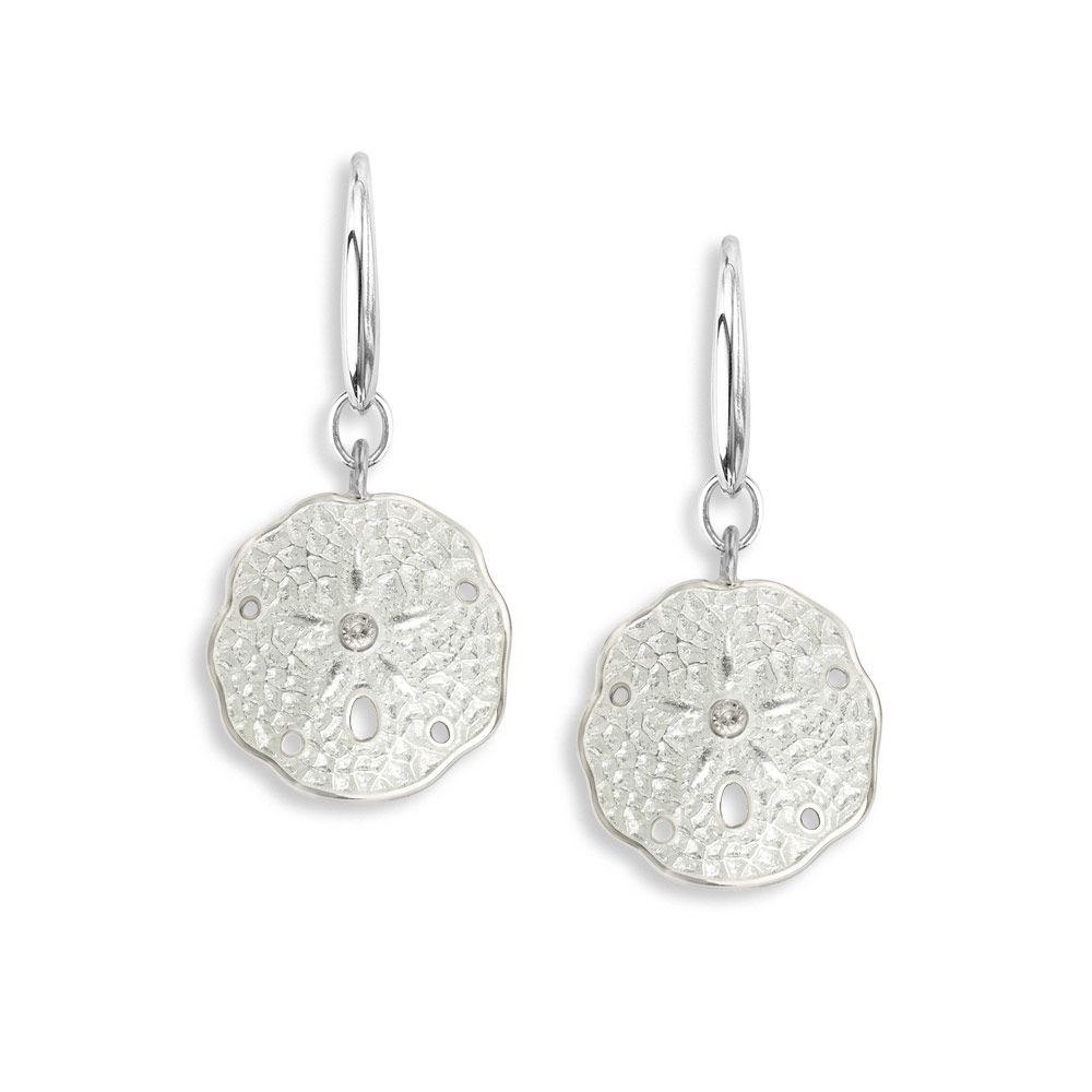 15mm-White Sand Dollar Sterling Silver Wire Earrings-White Sapphires 15 mm  - NW0417YB