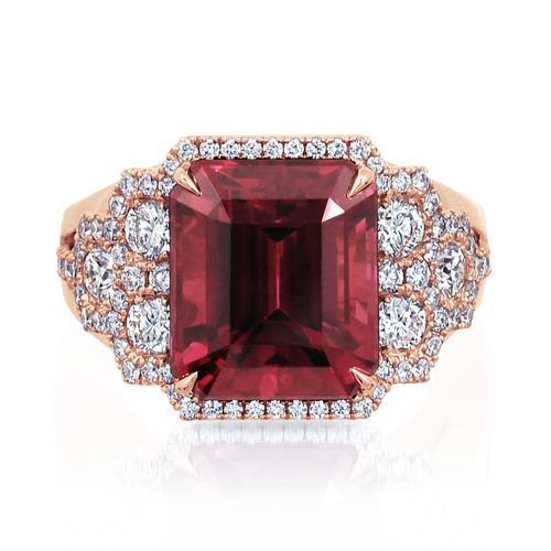 18k pink and white gold one-of-a-kind emerald-cut Rhodolite with raindrop diamond accents