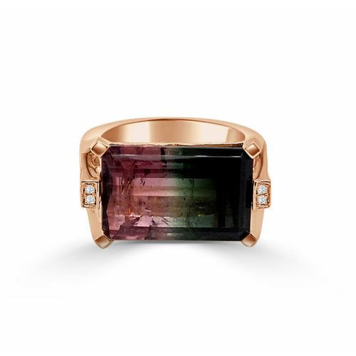 18k Pink Gold Bi-color Watermelon Tourmaline and Diamond Ring