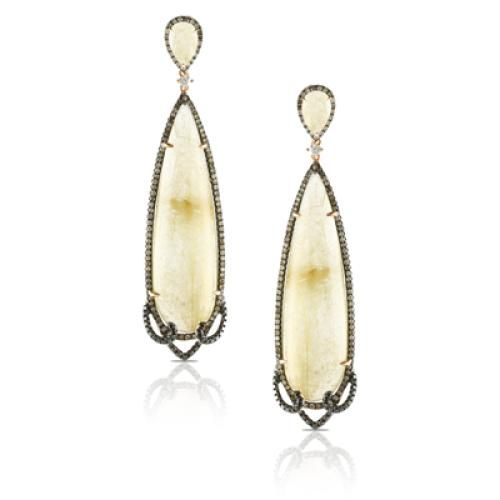 18k Rose Gold Brown And Black Diamond Earring With 2 Small White Diamond And Rutilated Quartz Centers Cabachon Cut  - E6076BRQ