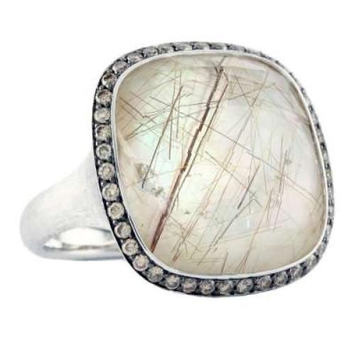 18k Rose Gold Brown Diamond Ring With Mother Of Pearl And Brown Ruliated Quartz - R6145BRQ