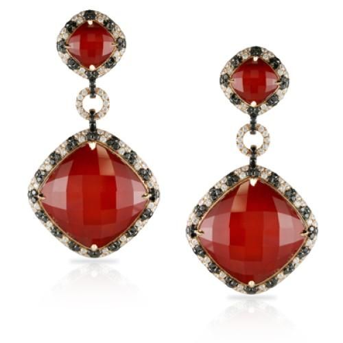 18k Rose Gold Diamond Earring With Black And White Diamond With White Topaz Over Red Agate - E5932BRA