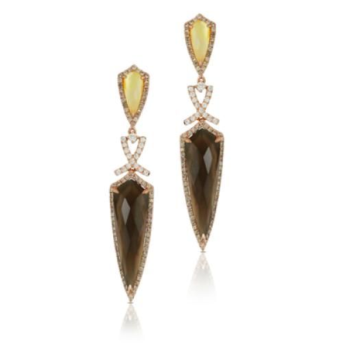 18k Rose Gold Diamond Earring With Brown And White Diamond And Citrine Over White Mother Of Pearl Top And Smokey Quartz Over White Mother Of Pearl - E4775BRCTSQ