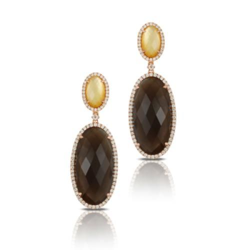 18k Rose Gold Diaond Earring With Citreine Over White Mother Of Pearl Top And Smokey Quartz Over White Mother Of Pearl Bottom - E5711CTSQ