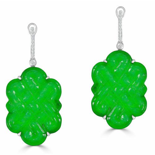 18K White Gold Carved Jade and Diamond Earrings