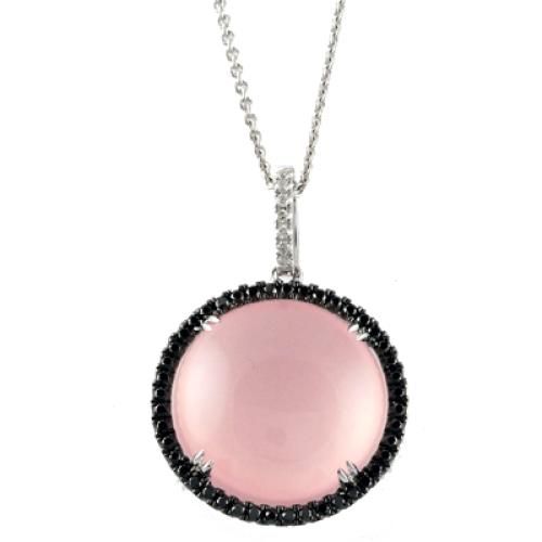 18k White Gold Diamond Pendant With Black And White Diamond With White Cabachon Rose Quartz - P4524BPQ