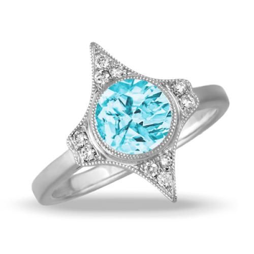 18k White Gold Diamond Ring With Light Blue Topaz Center. Polished Finish Band - LB249BT