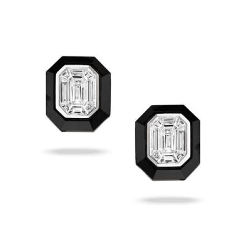 18k White Gold Invisible Set Diamond Earring With Black Onyx Borders - E9278BO-2