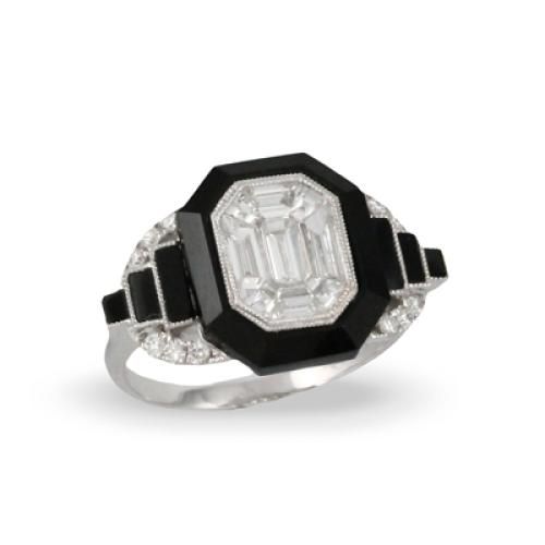 18k White Gold Invisible Set Diamond Ring With Black Onyx - R9277BO