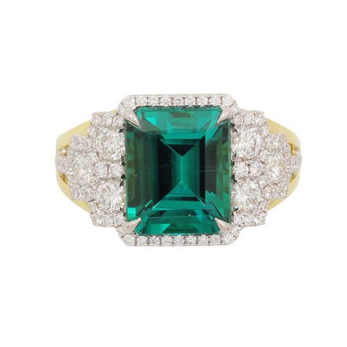 18K White Gold One-Of-A-Kind EC Green Tourmaline with graduating hexagonal halos and polished sides Ring