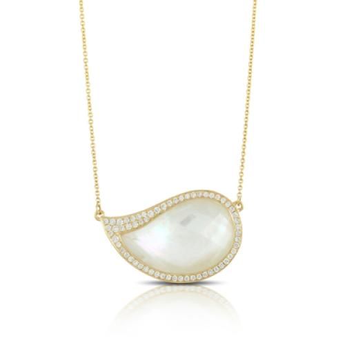 18k Yellow Gold Diamond Necklace With Clear Quartz Over White Mother Of Pearl  - N7000WMP