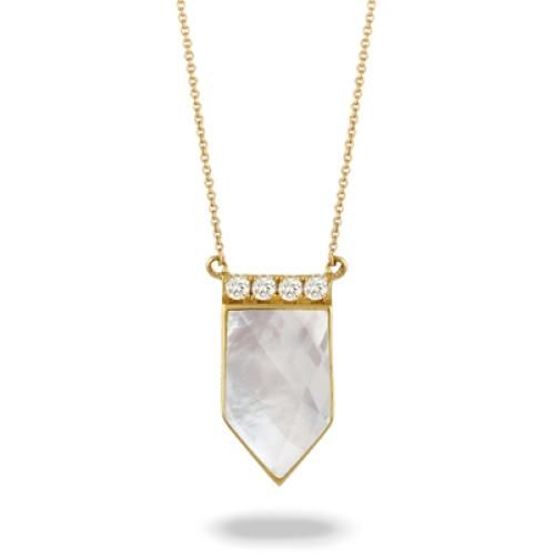 18k Yellow Gold Diamond Necklace With Clear Quartz Over White Mother Of Pearl - N8369WMP