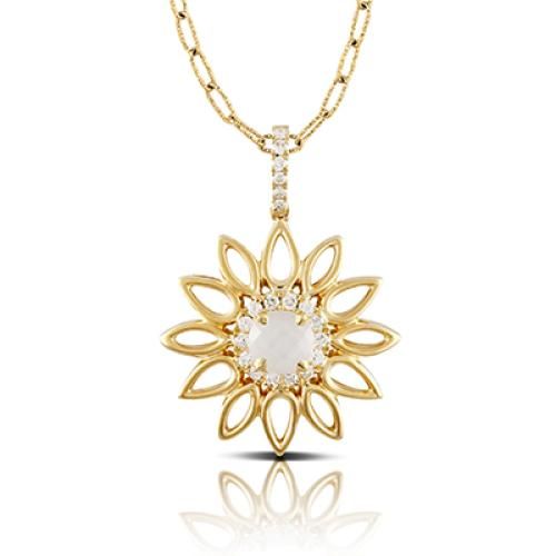 18k Yellow Gold Diamond Pendant With Clear Quartz Over White Mother Of Pearl - P4954WMP