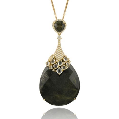 18k Yellow Gold Diamond Pendant With White Topaz And Rutilated Quartz Over Black Onyx - P6080BORQ