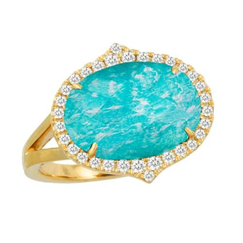 18k Yellow Gold Diamond Ring With Clear Quartz Over Amazonite. No Diamonds On Shank - R6232AZ-1
