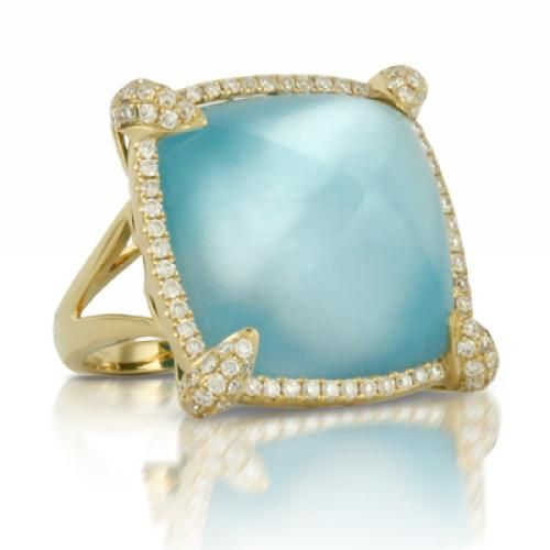 18k Yellow Gold Diamond Ring With Turquoise Base White Mother Of Pearl Middle And White Topaz Top As Triplet - R6350TQMP