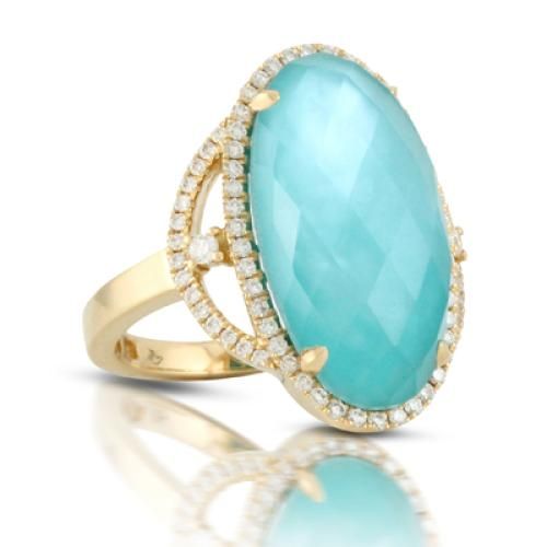 18k Yellow Gold Diamond Ring With White Topaz Over White Mother Of Pearl Over Turquoise As Triplet - R5112TQMP