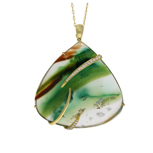 18k Yellow white gold one-of-a-kind Safari Agate pendant necklace