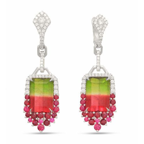 2017 Centurion Award-Winning Cushion Watermelon Tourmaline and Rubies One of Kind Earrings