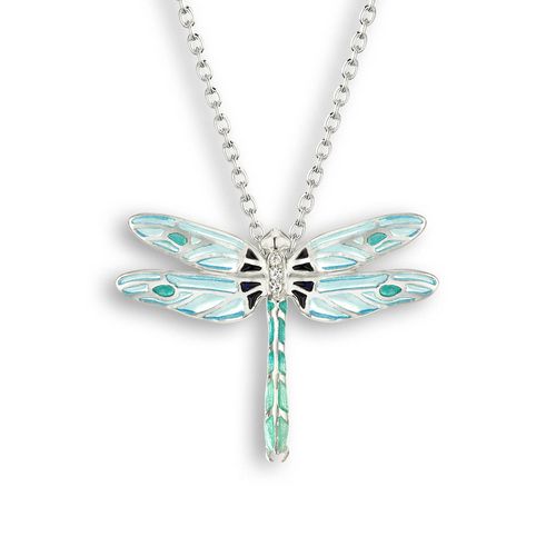 25mm Blue Dragonfly Necklace Sterling Silver-White Sapphire - Plique-a-Jour - NN0374YB