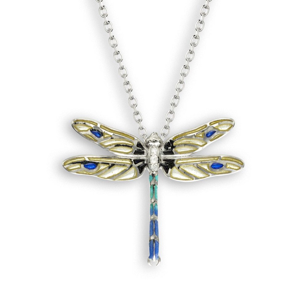 25mm Yellow Dragonfly Necklace Sterling Silver-White Sapphire - Plique-a-Jour - NN0374YA
