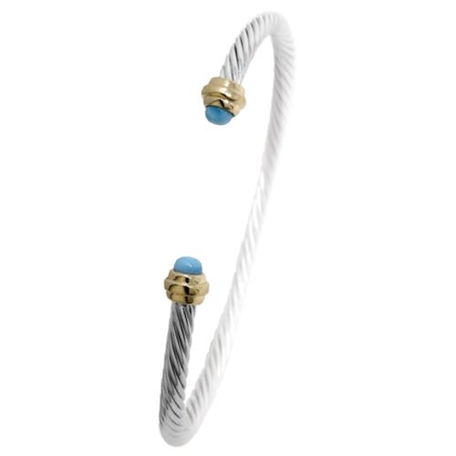 Ss 3.5mm Cable Cuff Bracelet W/14ky Caps & Larimar 7.0 Inch - CBLC35CL70