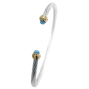 Ss 3.5mm Cable Cuff Bracelet W/14ky Caps & Larimar 7.5 Inch - CBLC35CL75