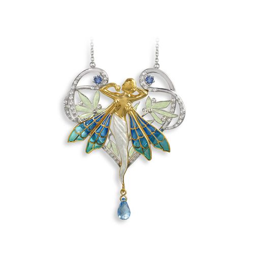 35mm Art Nouveau Fairy Necklace - Blue and Green Plique a Jour Enamel  Sterling Silver   - NN0559YA