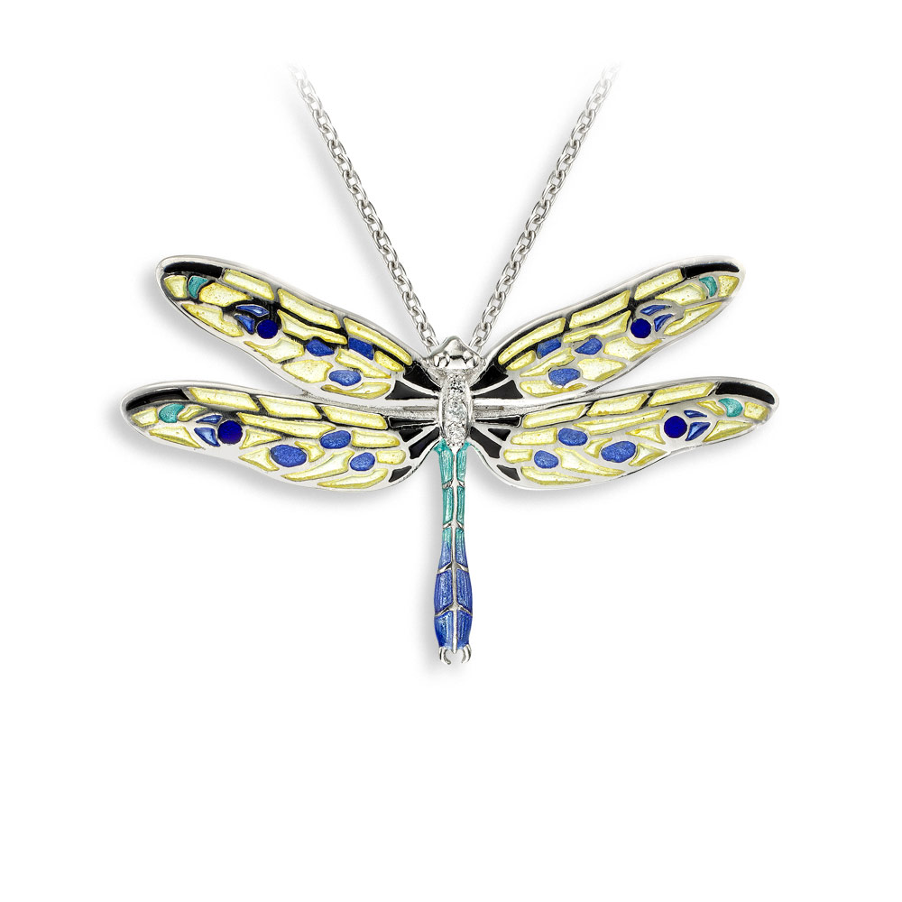 35mm Yellow Dragonfly Necklace  Sterling Silver-White Sapphires - Plique-a-Jour - NN0432YA