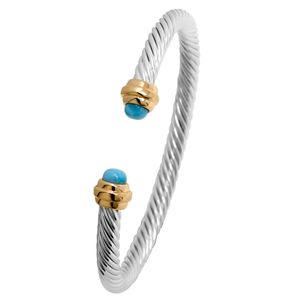 Ss 5mm Cable Cuff Bracelet W/14ky Caps & Larimar 7.0 Inch - CBLC5CL70