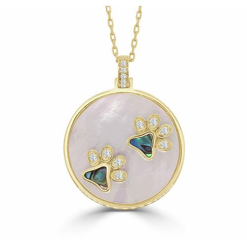 Abalone, White Mother of Pearl & Diamond Happy  Round Double Paw Pendant