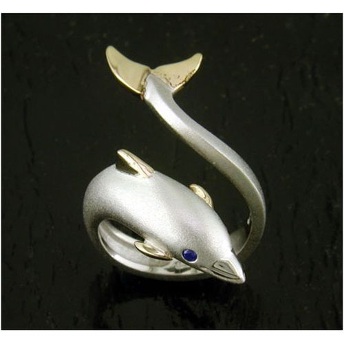 Adjustable Medium Dolphin Ring - Sterling Silver and 14K Gold  - SD-SGR003
