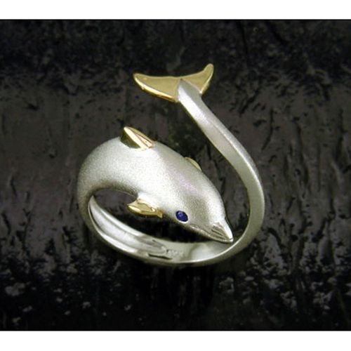 Adjustable Small Dolphin Ring - Sterling Silver and 14K Gold  - SD-SGR005