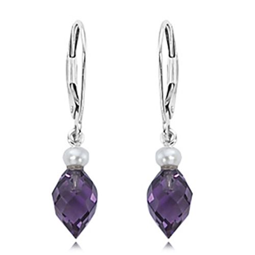 Almond Briolette Amethyst Pearl Earrings - 14K White Gold
