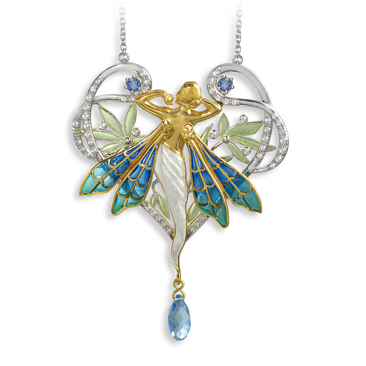 Art Nouveau Fairy - White, Blue and Green Plique a Jour Enamel Necklace, Sterling Silver and Gold Plated, - NN0538YA