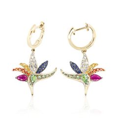 14K Yellow Gold Bird of Paradise Material Tropical Flowers Earrings