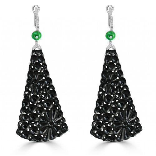 Black Green Jade With Diamonds Large Triangular Drop Earrings