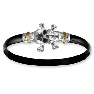 6mm Black Titanium Bar With Sterling Silver Enamel Pirate And 14ky Gold Wraps 7.0 Inch - C6PIRBT70