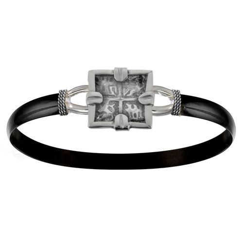 6mm Black Titanium Bar With Sterling Silver Square Treasure Coin And Ss Wraps 7.0 Inch - S6SQTCBT70