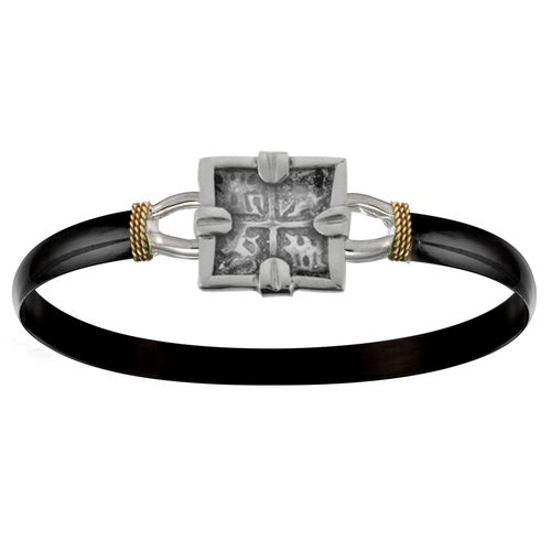 6mm Black Titanium Bar With Sterling Silver Square Treasure Coin And 14ky Gold Wraps 6.5 Inch - C6SQTCBT65