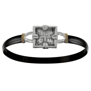 6mm Black Titanium Bar With Sterling Silver Square Treasure Coin And 14ky Gold Wraps 7.0 Inch - C6SQTCBT70
